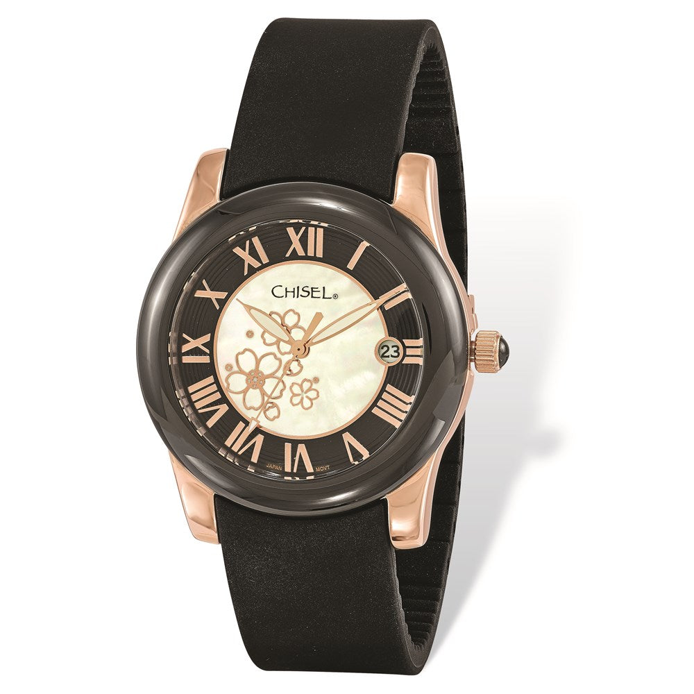 Fashion Watches, Ladies' Chisel Rose IP-plated Floral Dial Black Strap Watch