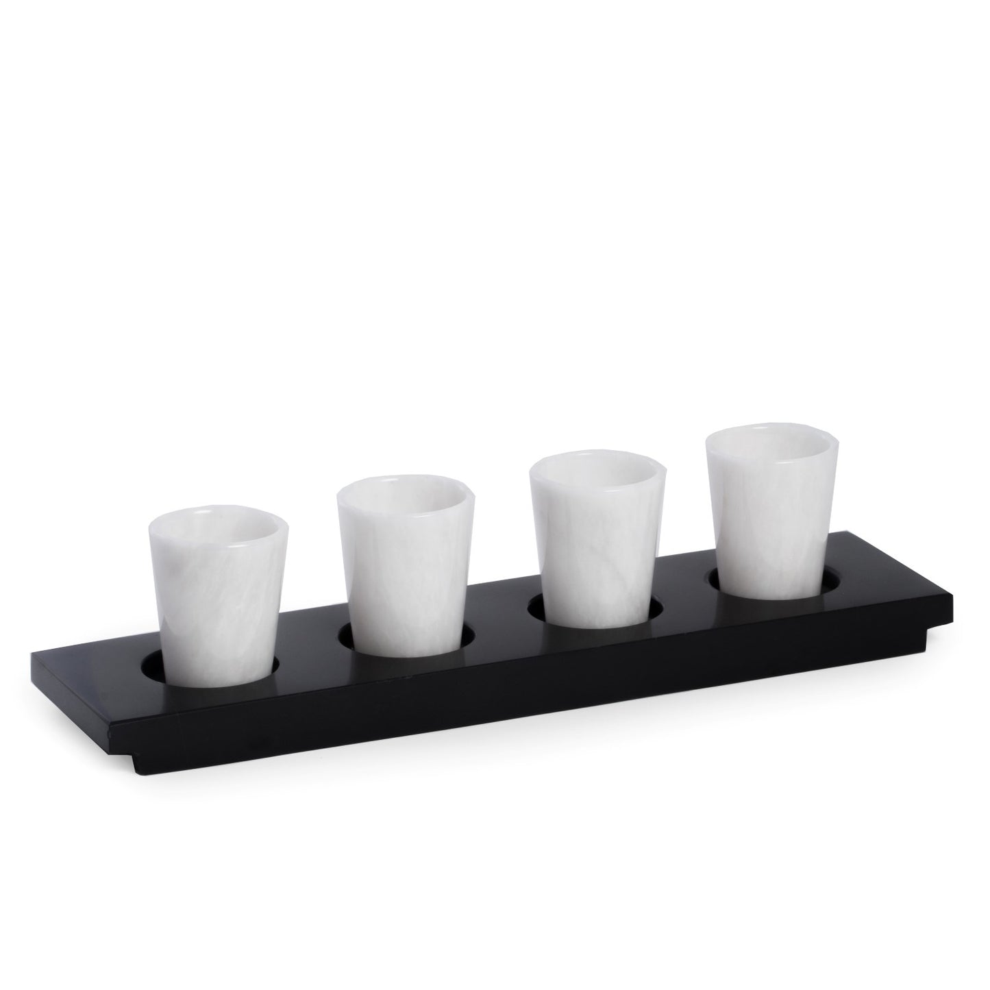 Occasion Gallery BLACK/WHITE Color Hand Crafted 4 White Marble Shot Glasses on Black Marble Serving Tray. 14.25 L x 3.75 W x 4 H in.