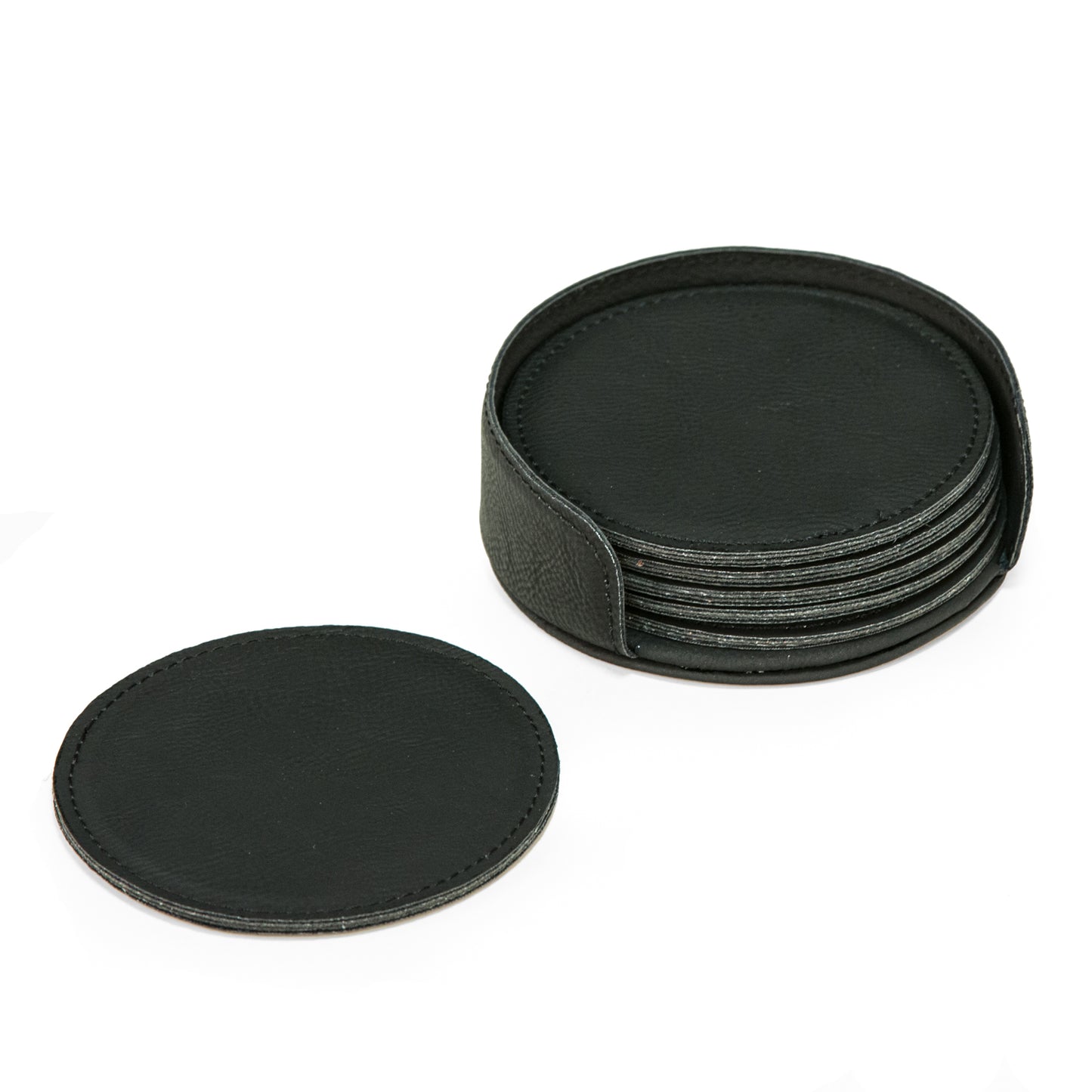 Occasion Gallery Black Color Black Leatherette 6 Coaster Set with Holder 4.25 L x W x 1.25 H in.