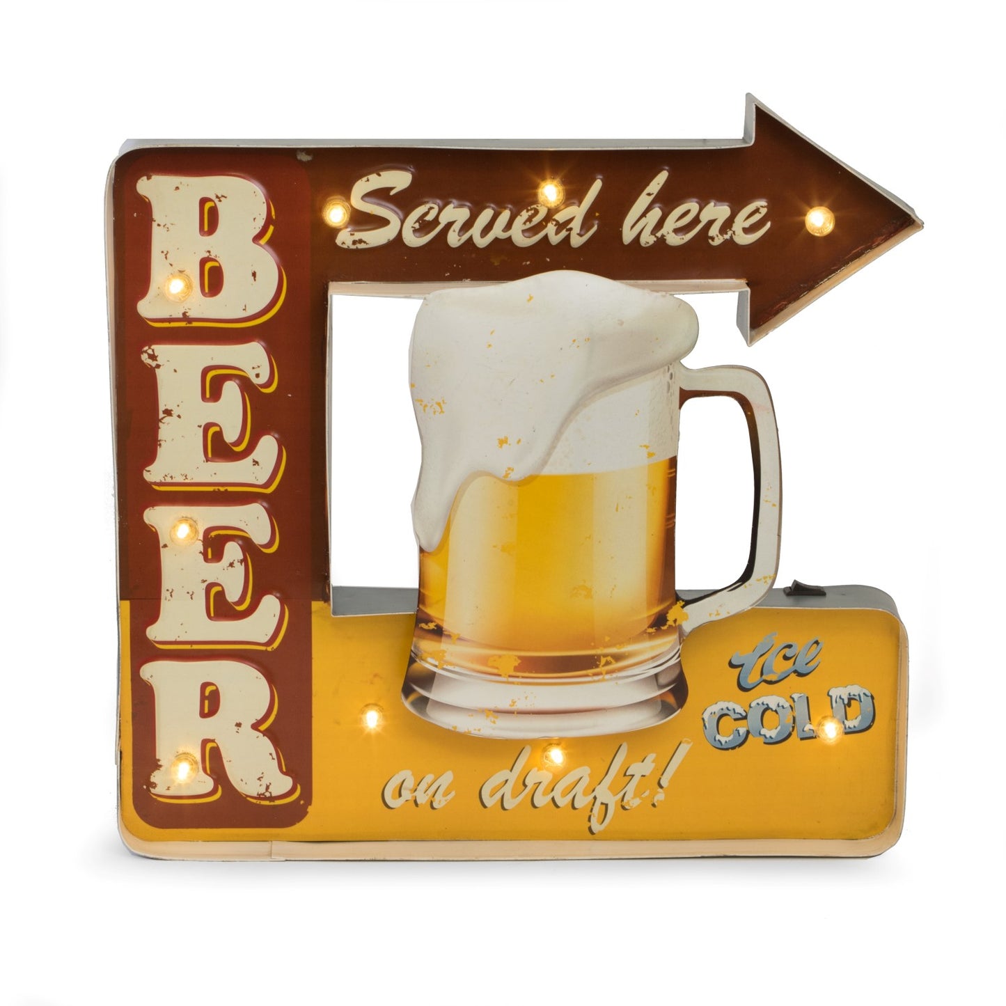 Occasion Gallery RED/YELLOW/BROWN Color "Beer Served Here" Metal Sign, LED Lighted, Wall Mountable. 16 L x 2 W x 15.5 H in.