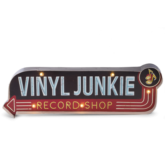 Occasion Gallery BLACK/RED/BLUE/YELLOW Color "Vinyl Junkie" Metal Sign, LED Lighted, Wall Mountable.  22 L x 2 W x 7 H in.