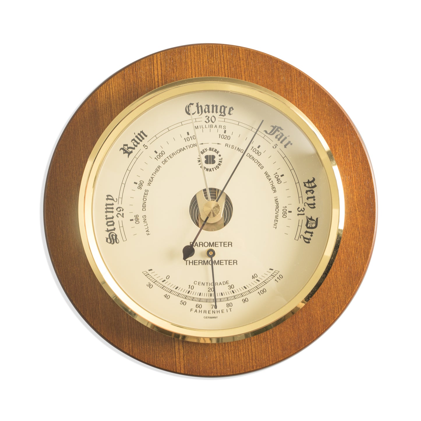 Occasion Gallery Cherry Wood Color Barometer with Thermometer on 9" Cherry Wood with Brass Bezel. 8.25 L x 2 W x H in.