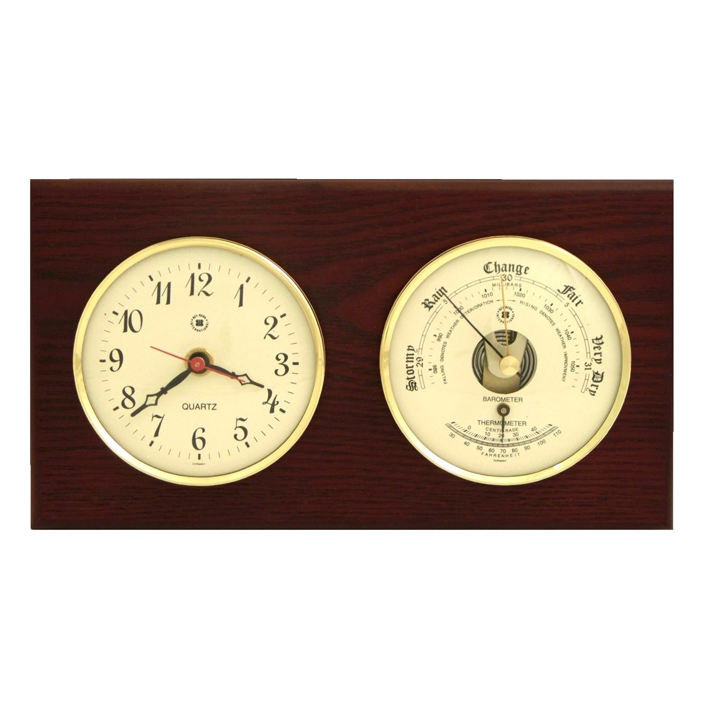 Occasion Gallery Mahogany Color Quartz Clock and Barometer with Thermometer on Mahogany Wood with Brass Bezel. Wall Mounts Vertically or Horizontally. 6 L x 2 W x 11 H in.