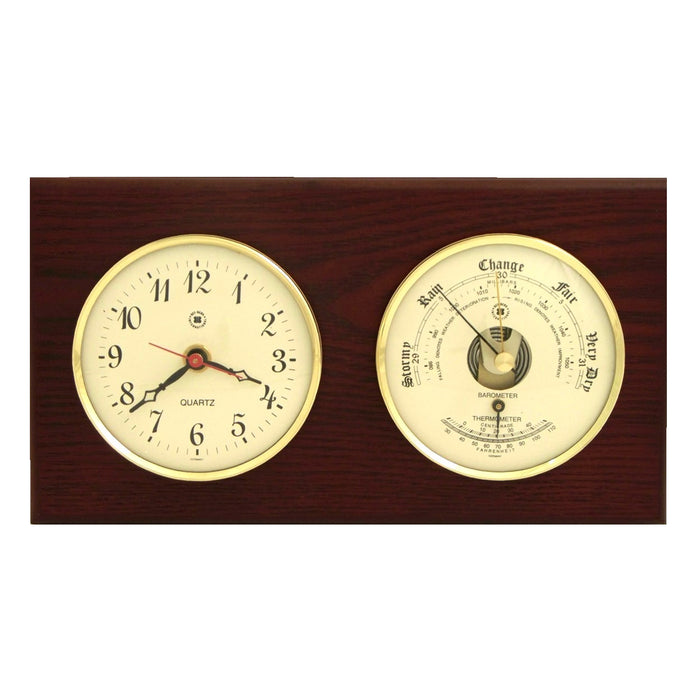 Occasion Gallery Mahogany  Color Quartz Clock and Barometer with Thermometer on Mahogany Wood with Brass Bezel. Wall Mounts Vertically or Horizontally. 6 L x 2 W x 11 H in.