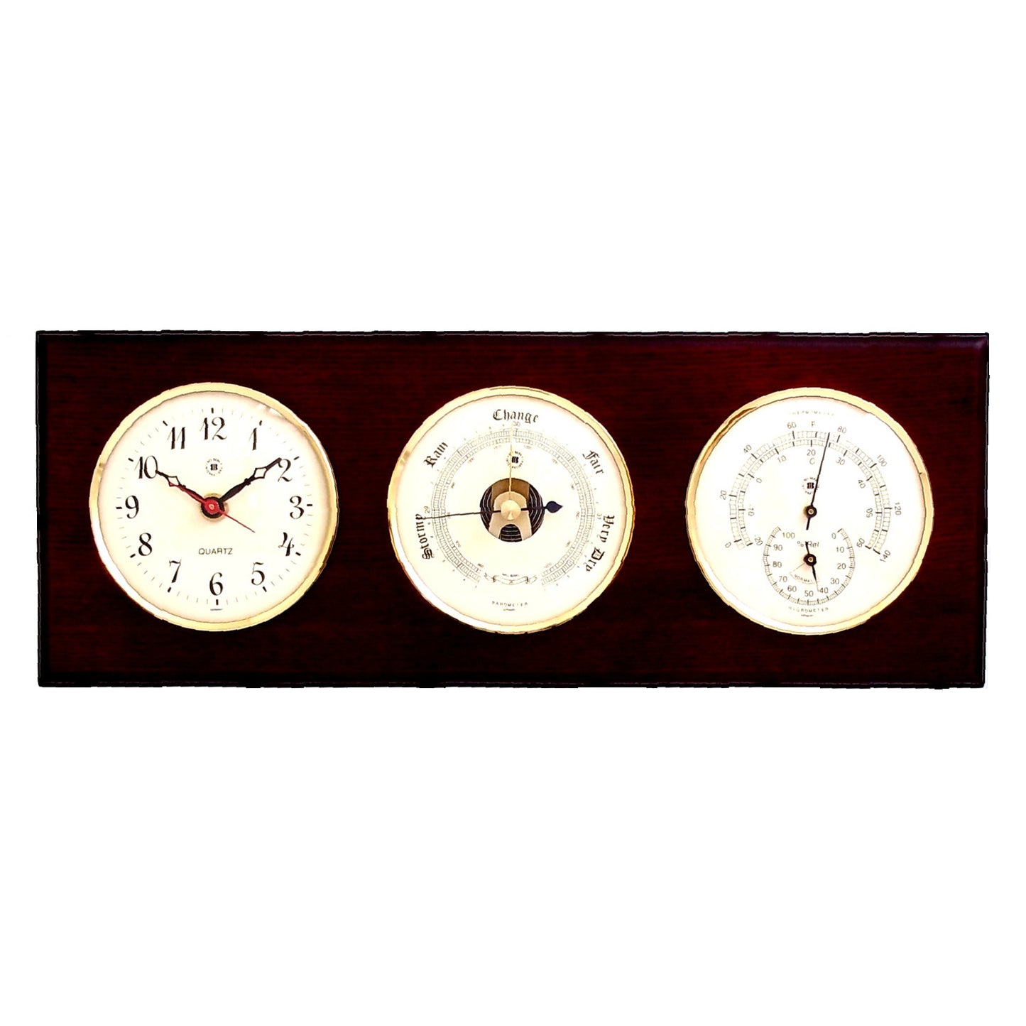 Occasion Gallery Mahogany Color Quartz Clock, Barometer and Thermometer with Hygrometer on Mahogany Wood with Brass Bezel. Wall Mounts Vertically or Horizontally. 6 L x 2 W x 16 H in.