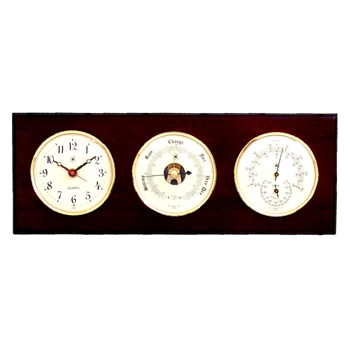 Occasion Gallery Mahogany  Color Quartz Clock, Barometer and Thermometer with Hygrometer on Mahogany Wood with Brass Bezel. Wall Mounts Vertically or Horizontally. 6 L x 2 W x 16 H in.