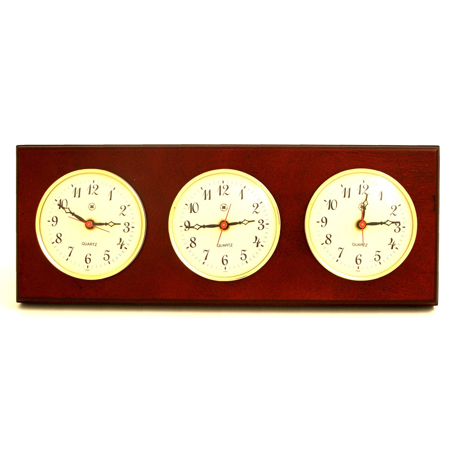 Occasion Gallery Mahogany Color Triple Quartz Clock on Mahogany Wood with Brass Bezel. Wall Mounts Vertically or Horizontally. 6 L x 2 W x 16 H in.