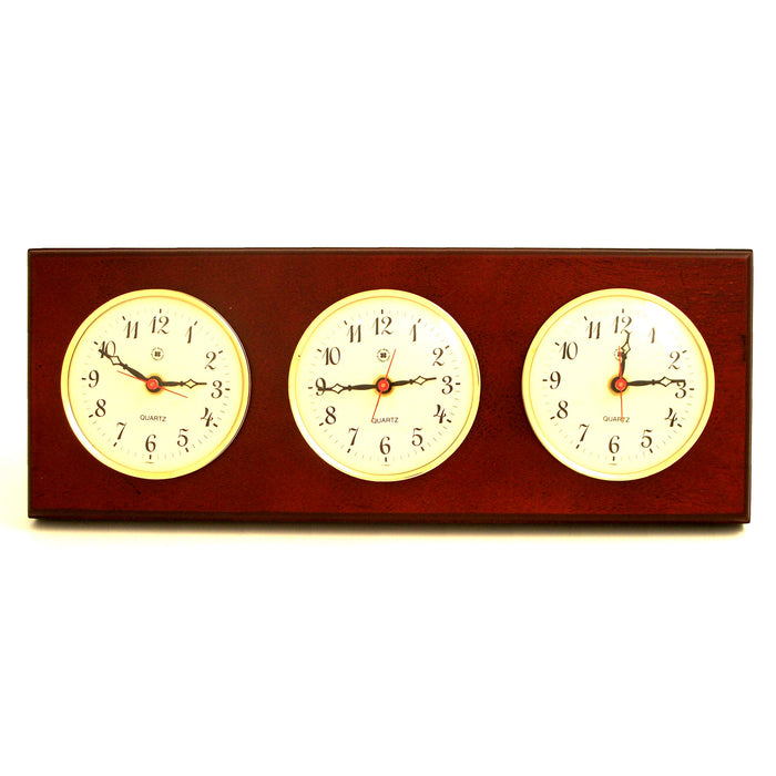 Occasion Gallery Mahogany  Color Triple Quartz Clock on Mahogany Wood with Brass Bezel. Wall Mounts Vertically or Horizontally. 6 L x 2 W x 16 H in.