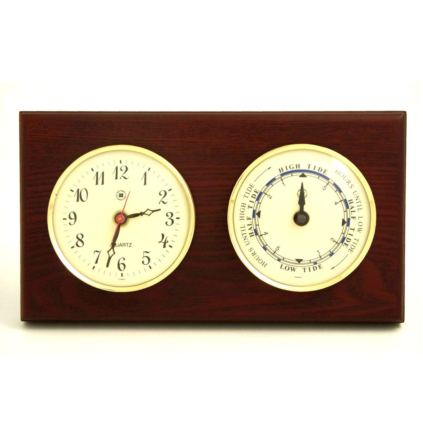 Occasion Gallery Mahogany Color Quartz Clock and Tide Clock on Mahogany Wood with Brass Bezel. Wall Mounts Vertically or Horizontally. 6 L x 2 W x 11 H in.