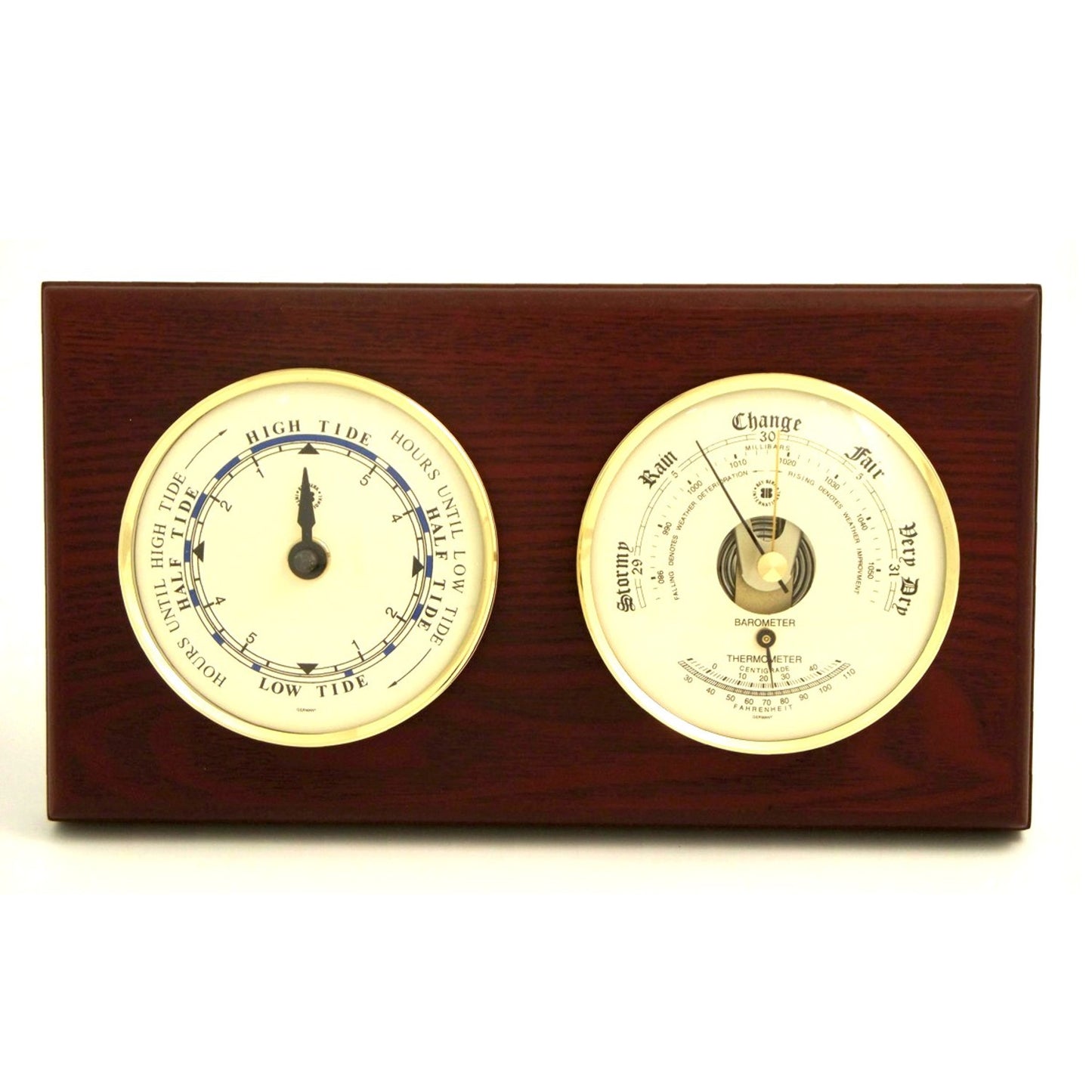Occasion Gallery Mahogany Color Tide Clock and Barometer with Thermometer on Mahogany Wood with Brass Bezel. Wall Mounts Vertically or Horizontally. 6 L x 2 W x 11 H in.