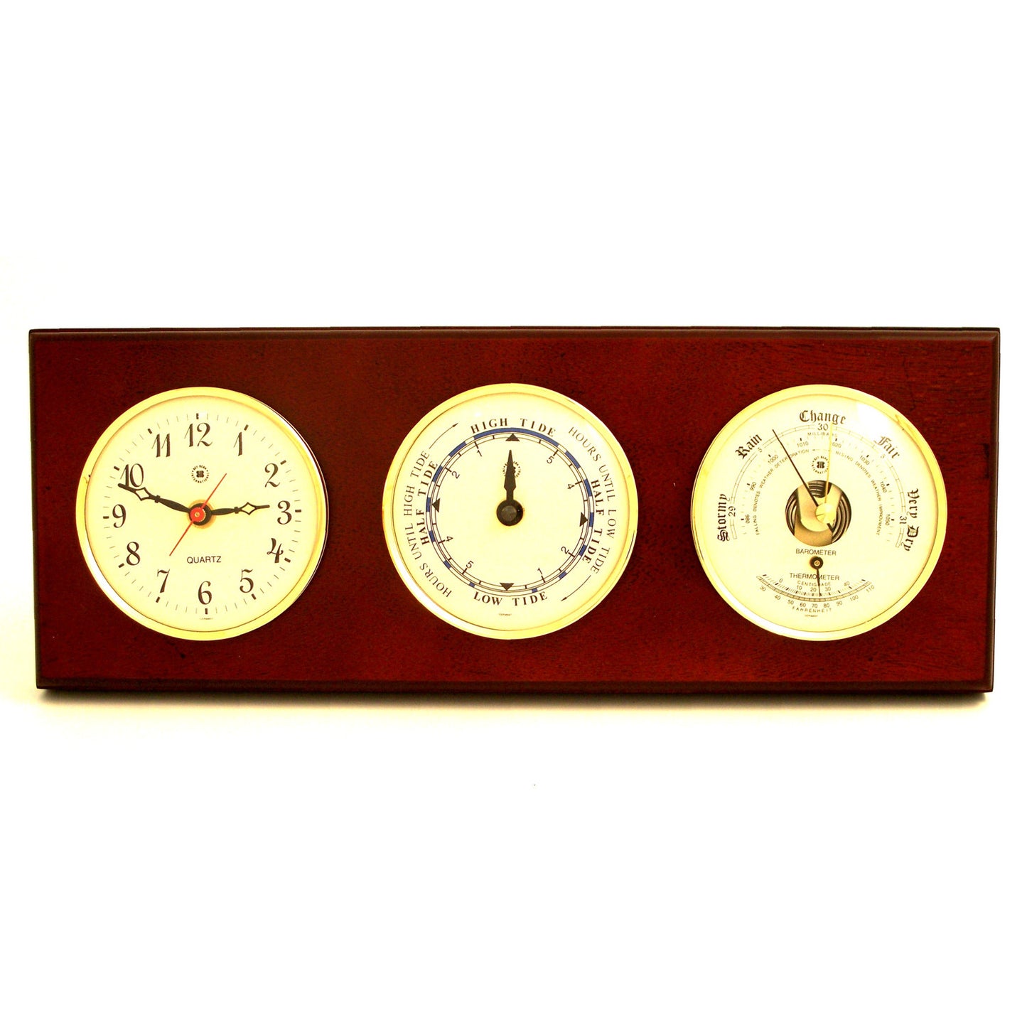 Occasion Gallery Mahogany Color Quartz Clock, Tide Clock and Barometer with Thermometer on Mahogany Wood with Brass Bezel. Wall Mounts Vertically or Horizontally. 6 L x 2 W x 16 H in.