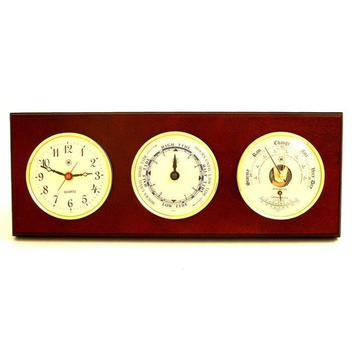 Occasion Gallery Mahogany  Color Quartz Clock, Tide Clock and Barometer with Thermometer on Mahogany Wood with Brass Bezel. Wall Mounts Vertically or Horizontally. 6 L x 2 W x 16 H in.