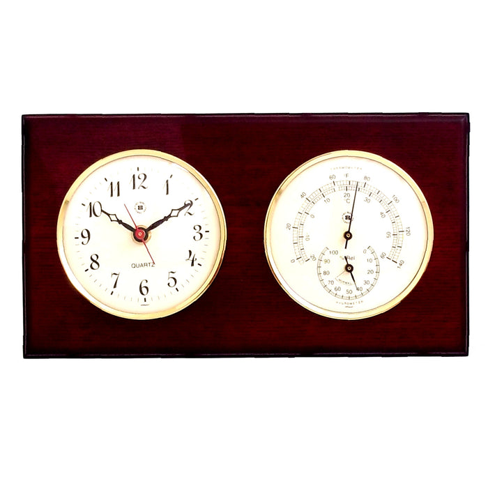 Occasion Gallery Mahogany  Color Quartz Clock and Thermometer with Hygrometer on Mahogany Wood with Brass Bezel. Wall Mounts Vertically or Horizontally. 6 L x 2 W x 11 H in.