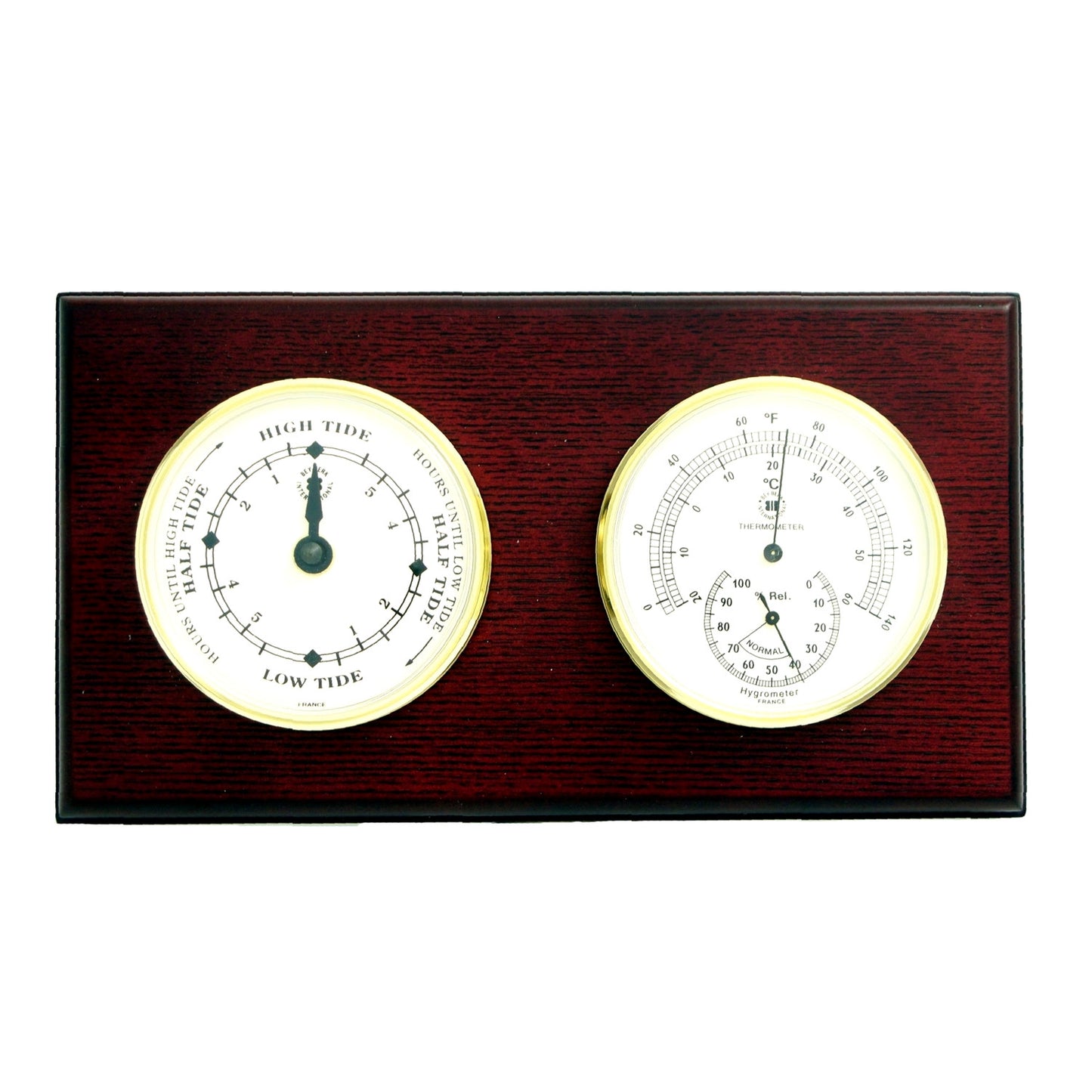 Occasion Gallery Mahogany Color Tide Clock and Thermometer with Hygrometer on Mahogany Wood with Brass Bezel. Wall Mounts Vertically or Horizontally. 6 L x 2 W x 11 H in.