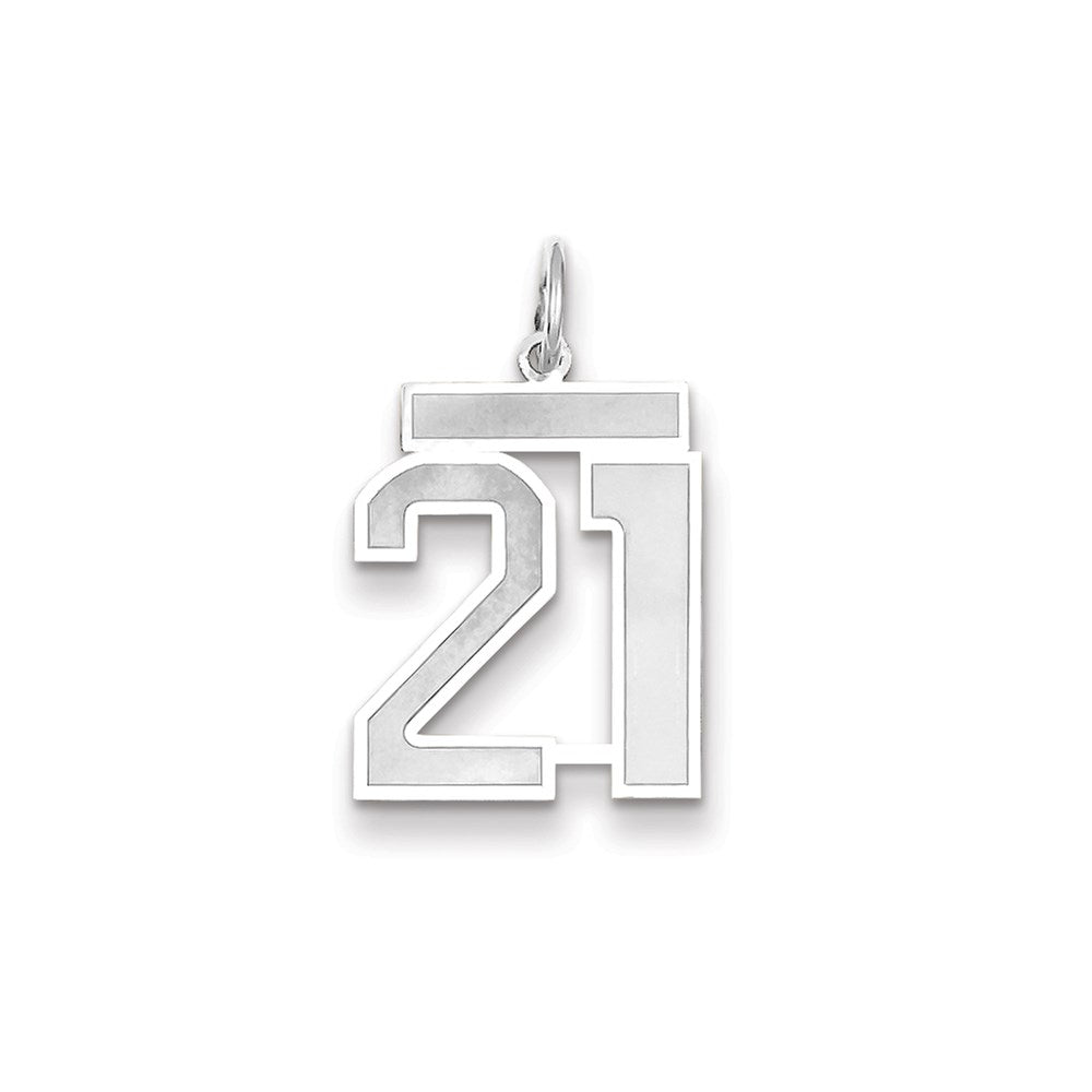 Million Charms 14K White Gold Medium Satin Number 21 Necklace Charm Pendant, Graduation, Birthday, Anniversary
