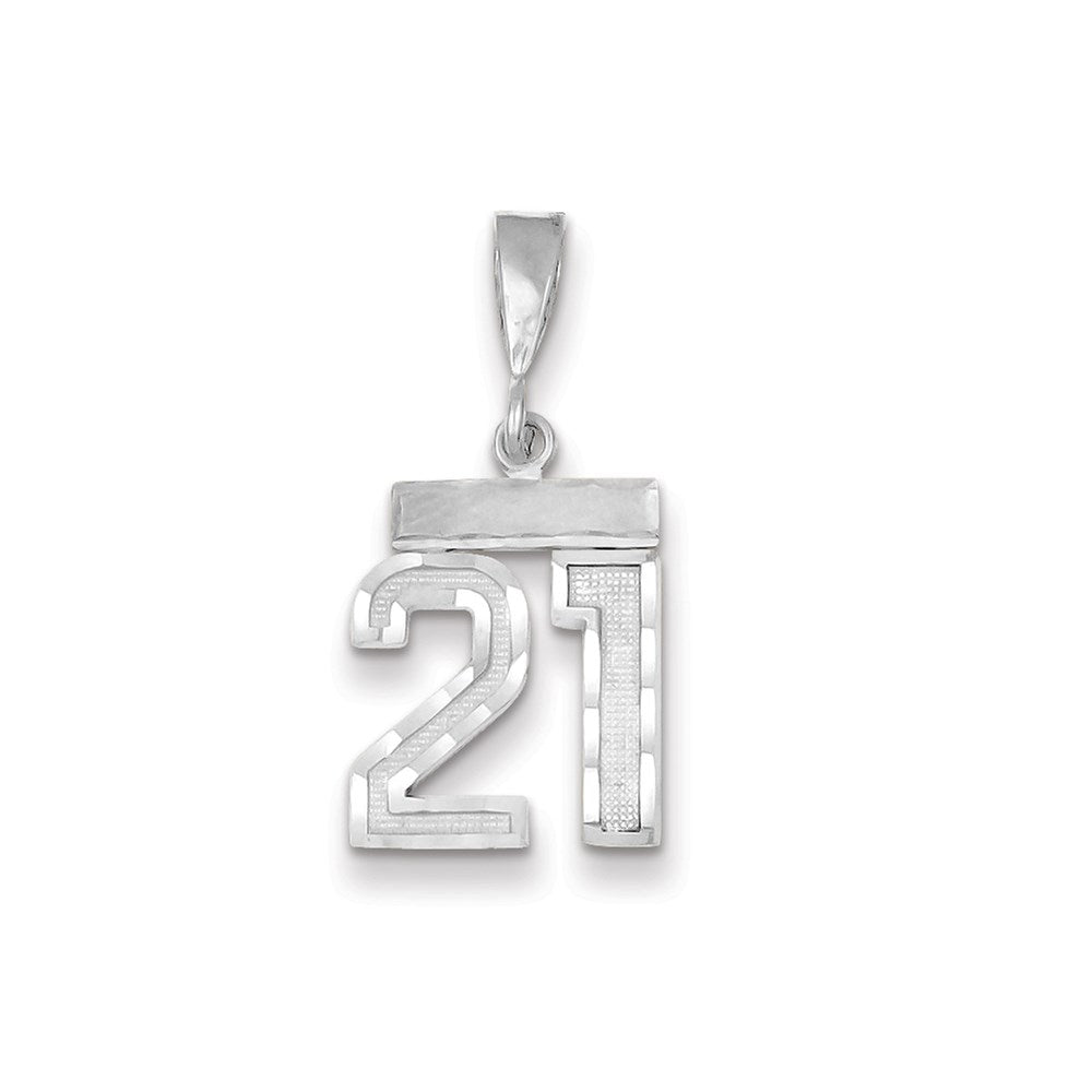 Million Charms 14K White Gold Small Brushed Diamond-cut Number 21 Necklace Charm Pendant, Graduation, Birthday, Anniversary