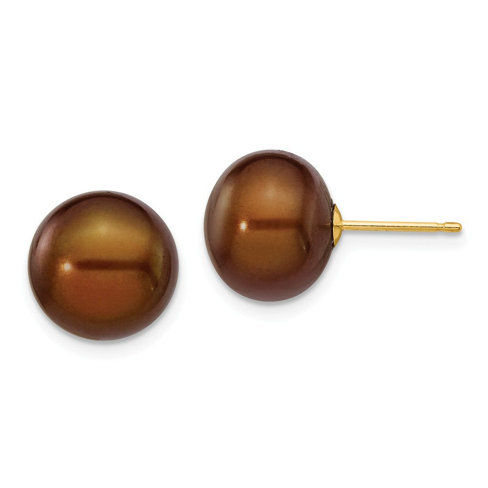 Million Charms 14k Yellow Gold 10-11mm Coffee Button Freshwater Cultured Pearl Stud Post Earrings, 10 to 11mm x 10 to 11mm