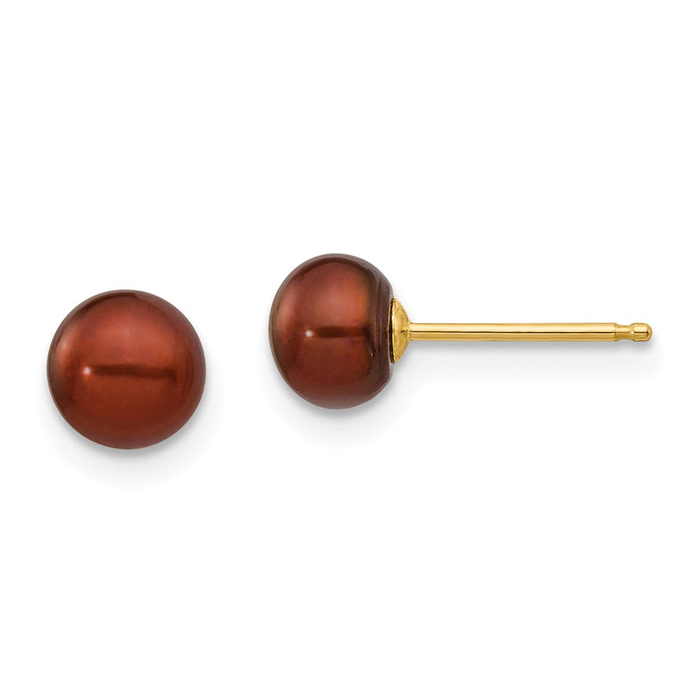 Million Charms 14k Yellow Gold 5-6mm Coffee Button Freshwater Cultured Pearl Stud Post Earrings, 5 to 6mm x 5 to 6mm