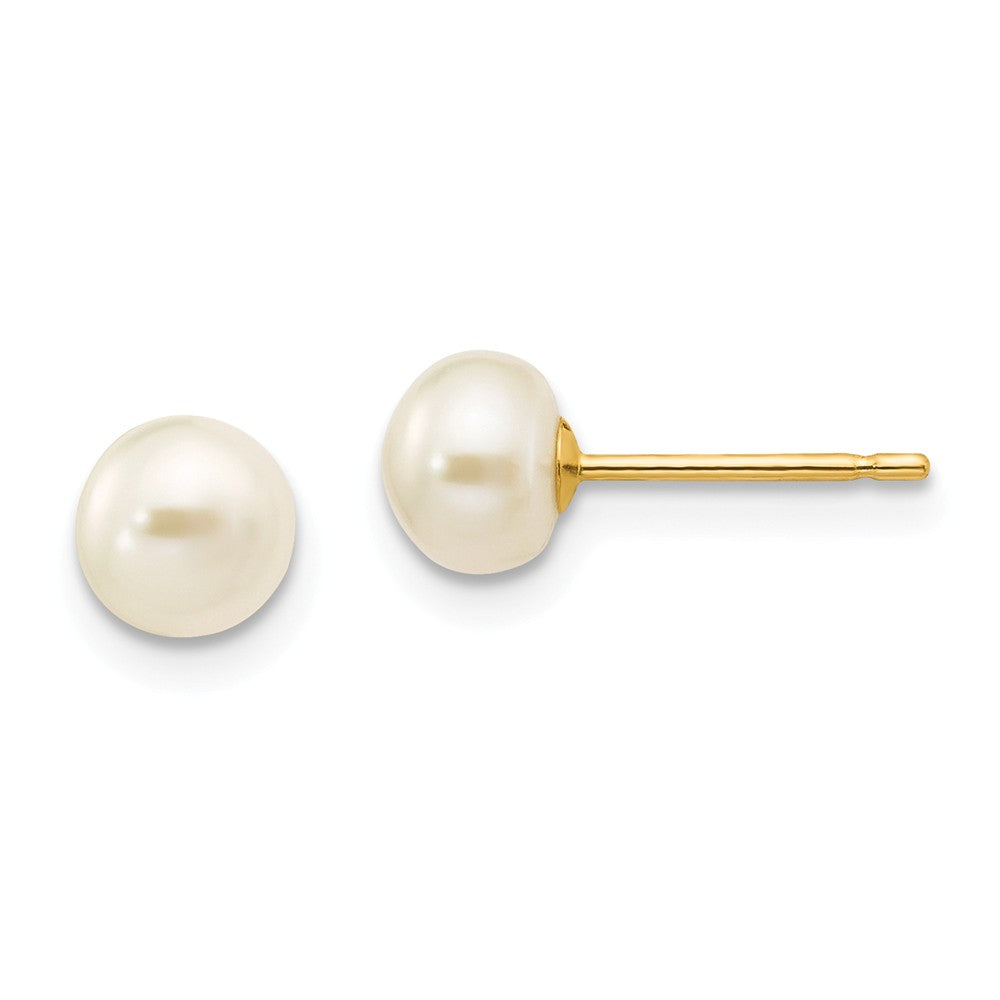Million Charms 14k Yellow Gold 5-6mm White Button Freshwater Cultured Pearl Stud Post Earrings, 5 to 6mm x 5 to 6mm