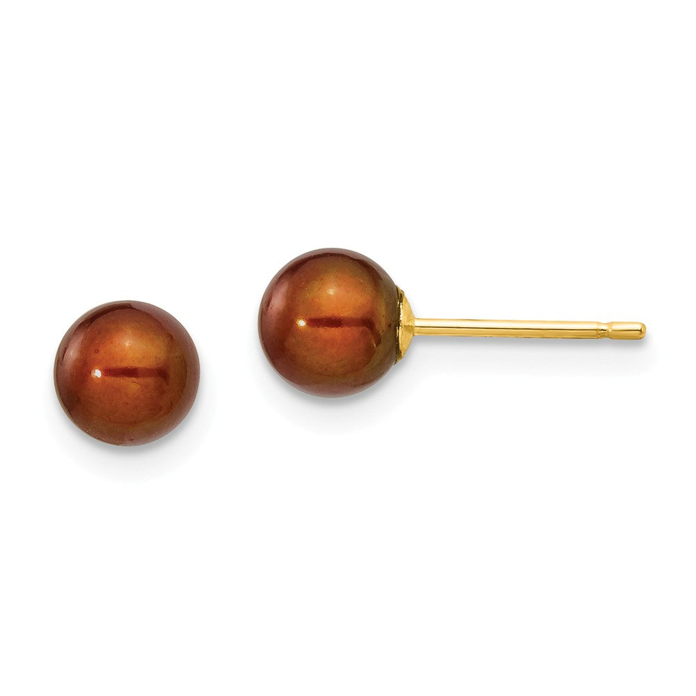 Million Charms 14k Yellow Gold 5-6mm Coffee Round Freshwater Cultured Pearl Stud Post Earrings, 5 to 6mm x 5 to 6mm