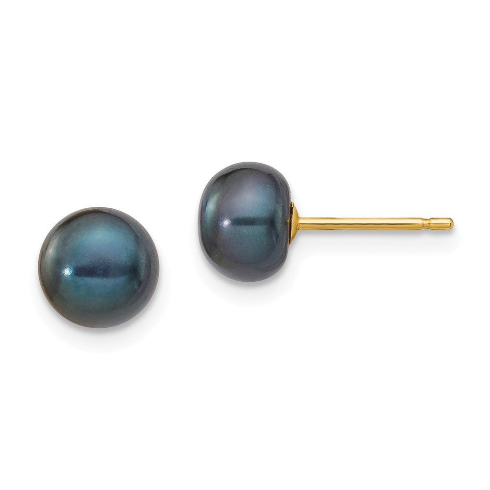 Million Charms 14k Yellow Gold 6-7mm Black Button Freshwater Cultured Pearl Stud Post Earrings, 6 to 7mm x 6 to 7mm