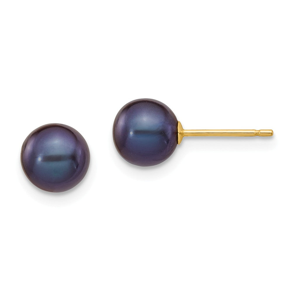 Million Charms 14k Yellow Gold 6-7mm Black Round Freshwater Cultured Pearl Stud Post Earrings, 6 to 7mm x 6 to 7mm