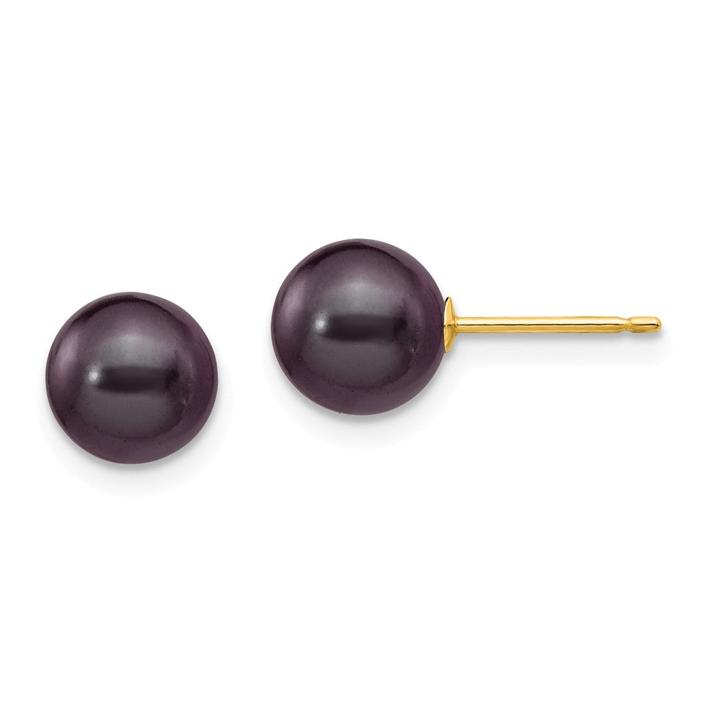 Million Charms 14k Yellow Gold 7-8mm Black Round Freshwater Cultured Pearl Stud Post Earrings, 7 to 8mm x 7 to 8mm