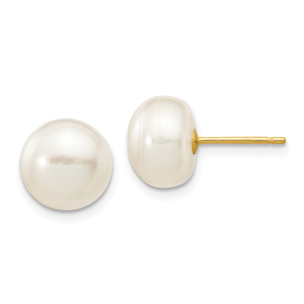 Million Charms 14k Yellow Gold 8-9mm White Button Freshwater Cultured Pearl Stud Post Earrings, 8 to 9mm x 8 to 9mm
