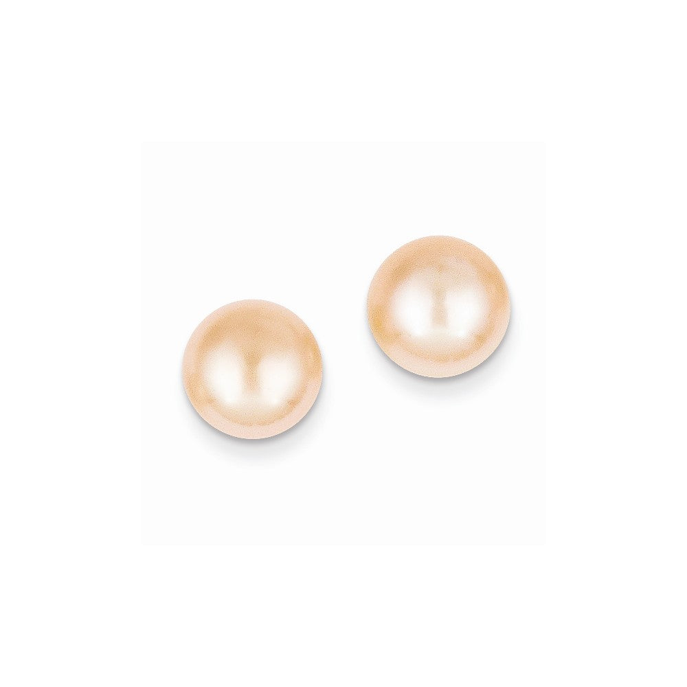 Million Charms 14k Yellow Gold 9-10mm Pink Button Freshwater Cultured Pearl Stud Post Earrings, 9 to 10mm x 9 to 10mm