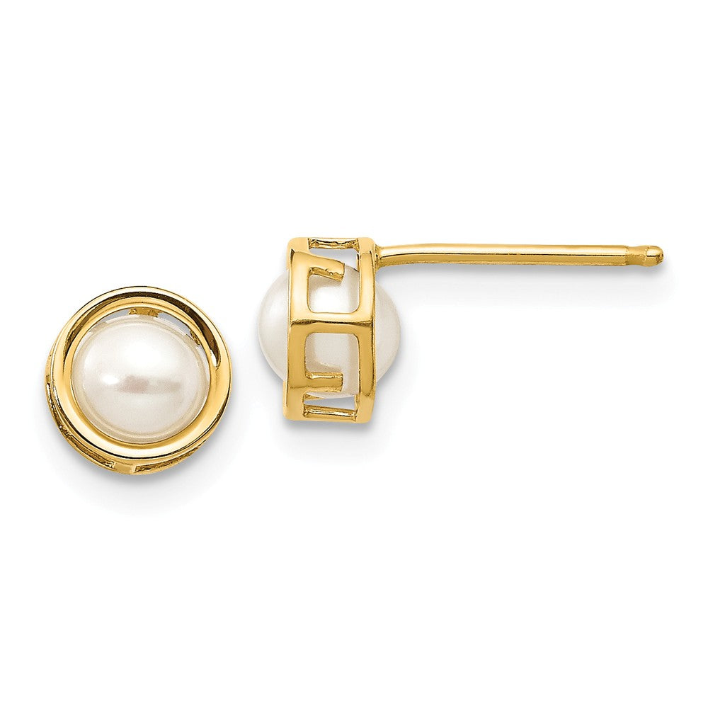 Million Charms 14k Yellow Gold 5mm Bezel Freshwater Cultured Pearl Stud Earrings, 5mm x 5mm