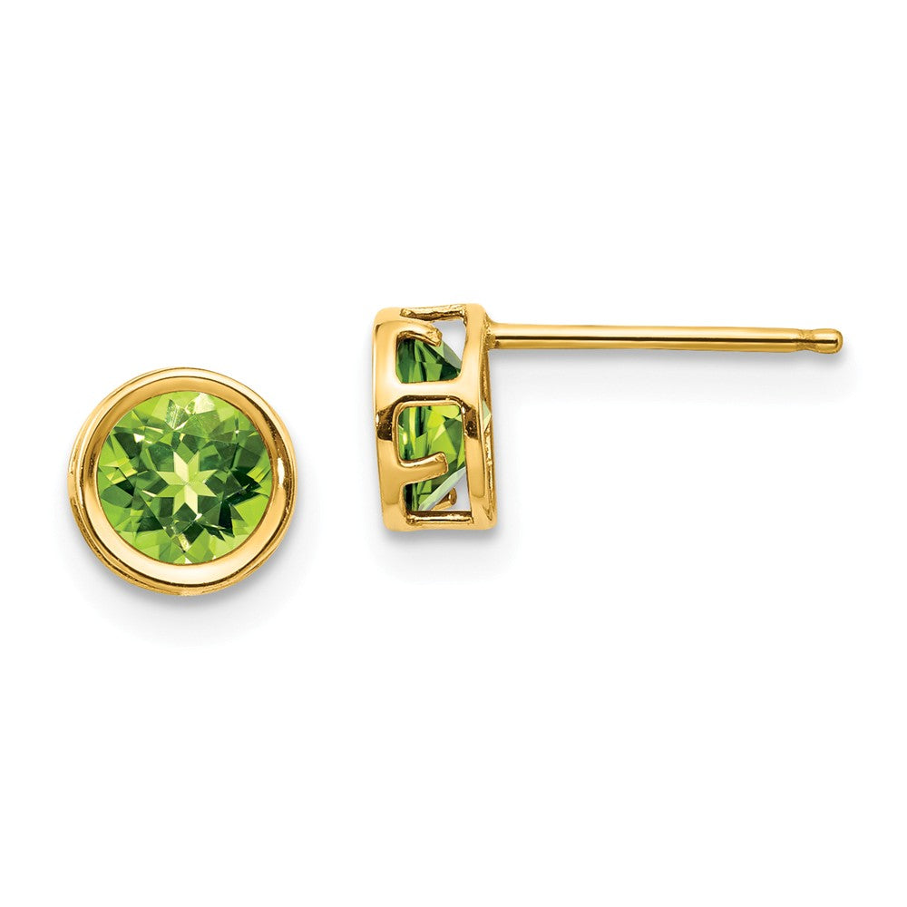 Million Charms 14k Yellow Gold 5mm Bezel Peridot Stud Earrings, 5mm x 5mm
