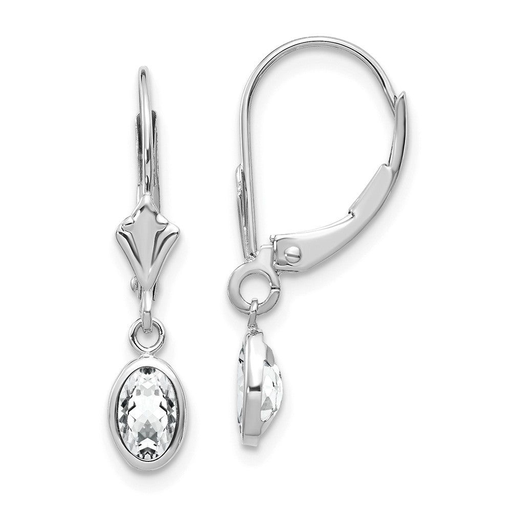 Million Charms 14k White Gold 6x4 Oval Bezel April/White Topaz Leverback Earrings, 23mm x 4mm
