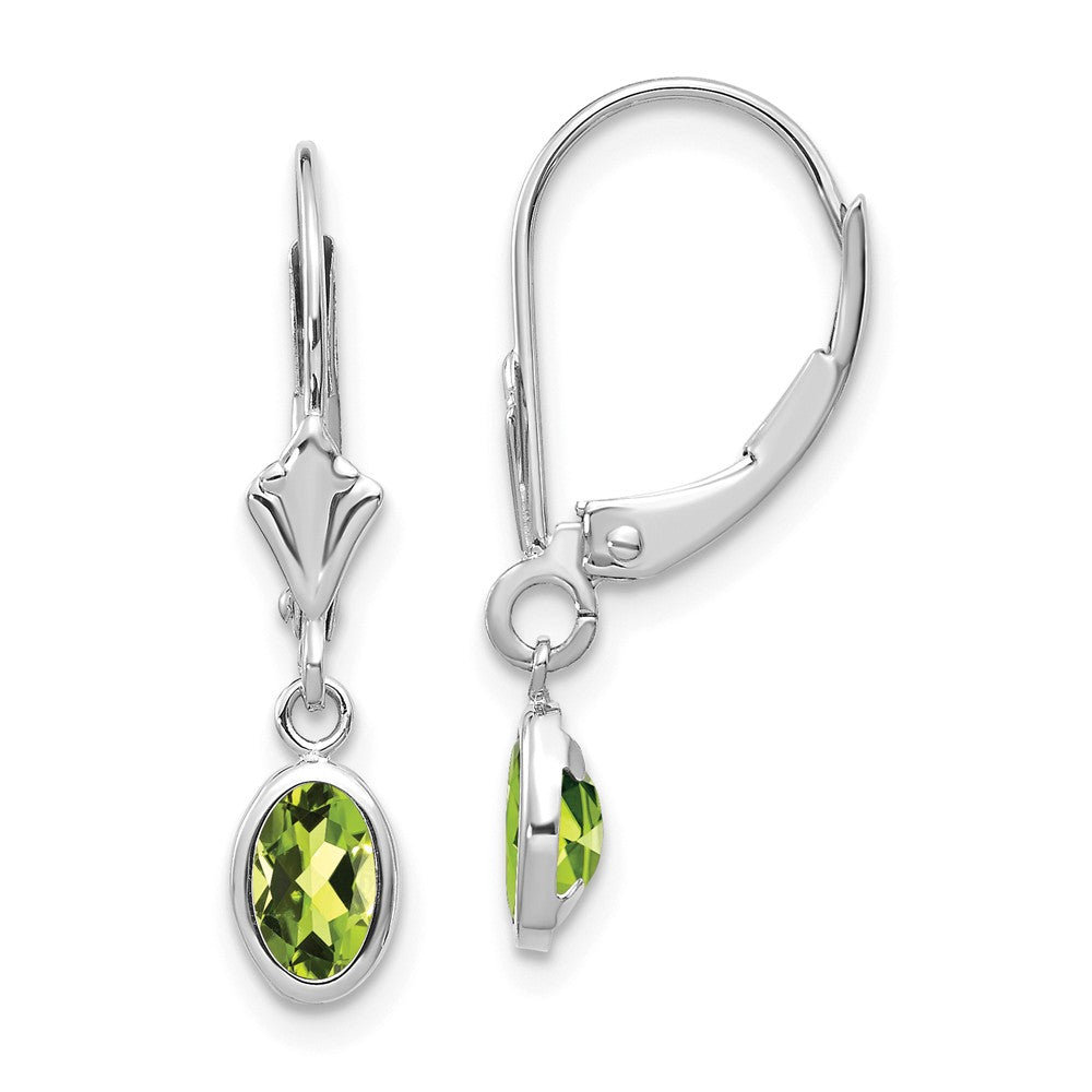 Million Charms 14k White Gold 6x4 Oval Bezel August/Peridot Leverback Earrings, 23mm x 4mm