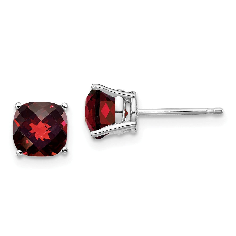 Million Charms 14k White Gold 6x6mm Cushion Garnet Checker Earring, 7mm x 7mm