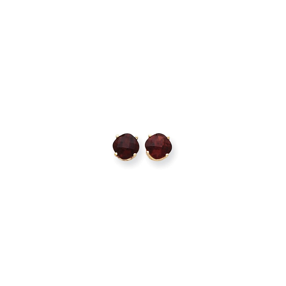 Million Charms 14k Yellow Gold 7x7mm Cushion Garnet Checker Earring, 8mm x 8mm