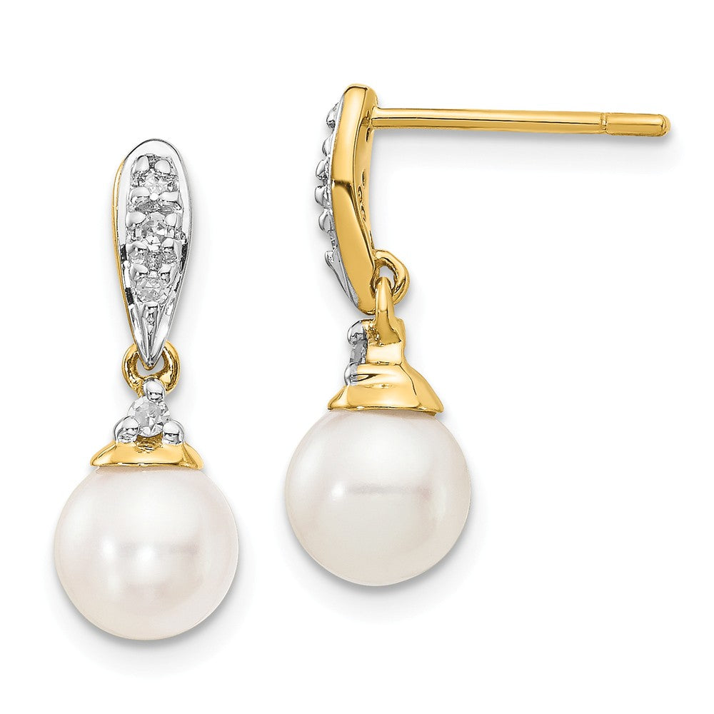14k Yellow Gold 6-7mm White Round Freshwater Cultured Pearl .08ct Diamond Dangle Earrings, 17mm x 6mm