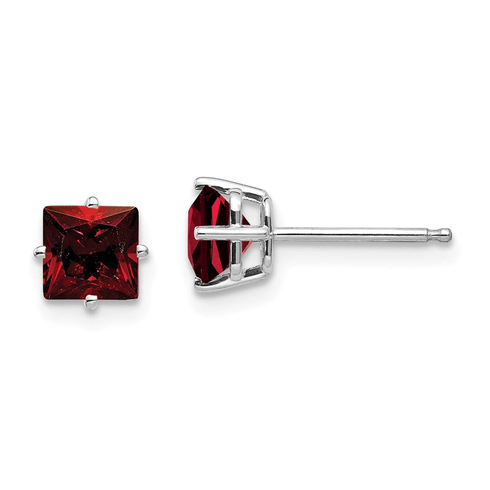Million Charms 14k White Gold 5mm Princess Cut Garnet Earrings, 5mm x 5mm
