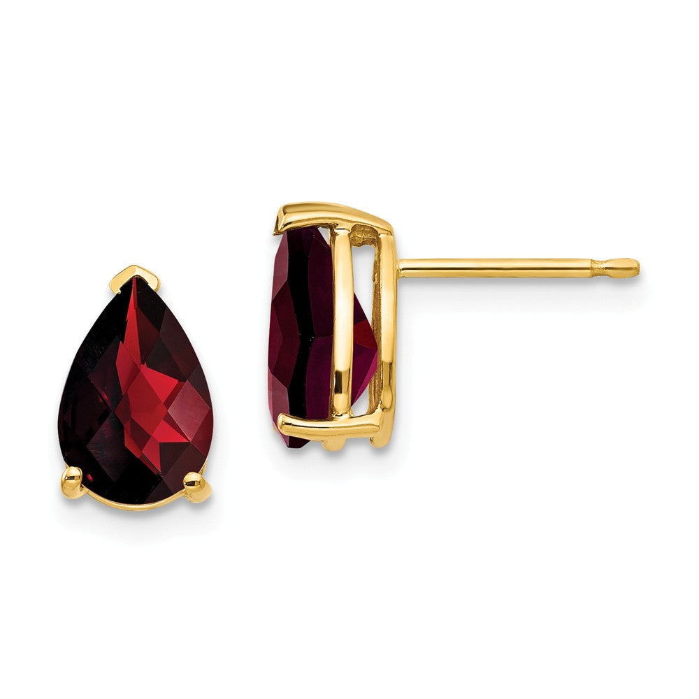 Million Charms 14k Yellow Gold 9x6mm Pear Garnet Checker Earrings, 10mm x 6mm