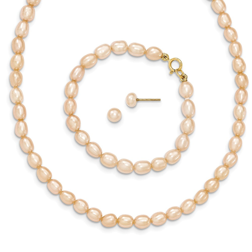 Million Charms Jewelry Set - 14k Yellow Gold Pink Freshwater Cultured Pearl 14 Necklace, 5 Bracelet & Earring Set