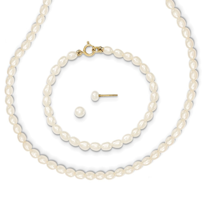 Million Charms Jewelry Set - 14k Yellow Gold White Freshwater Cultured Pearl 14 in. Necklace, 5 in. Bracelet & Earring Set