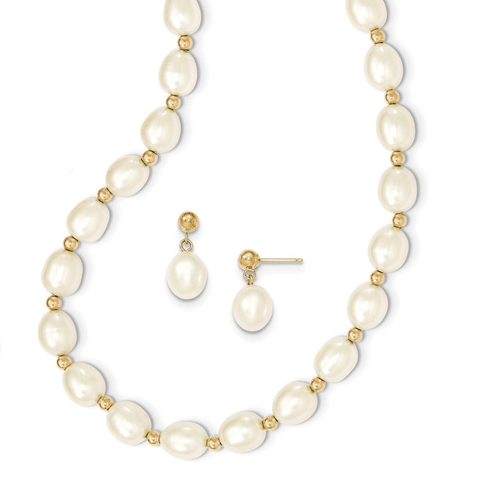 Million Charms Jewelry Set - 14k Yellow Gold 7-8mm White Freshwater Cultured Pearl Necklace and Bead Post Earring Set