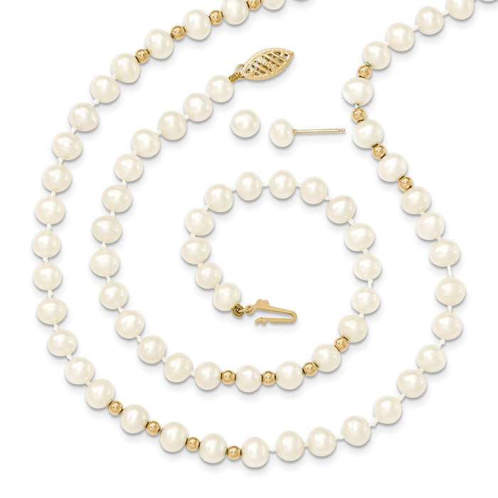 Million Charms Jewelry Set - 14k Yellow Gold 6-7mm White Freshwater Cultured Pearl 18in. Necklace 7.25 Bracelet Earring Set