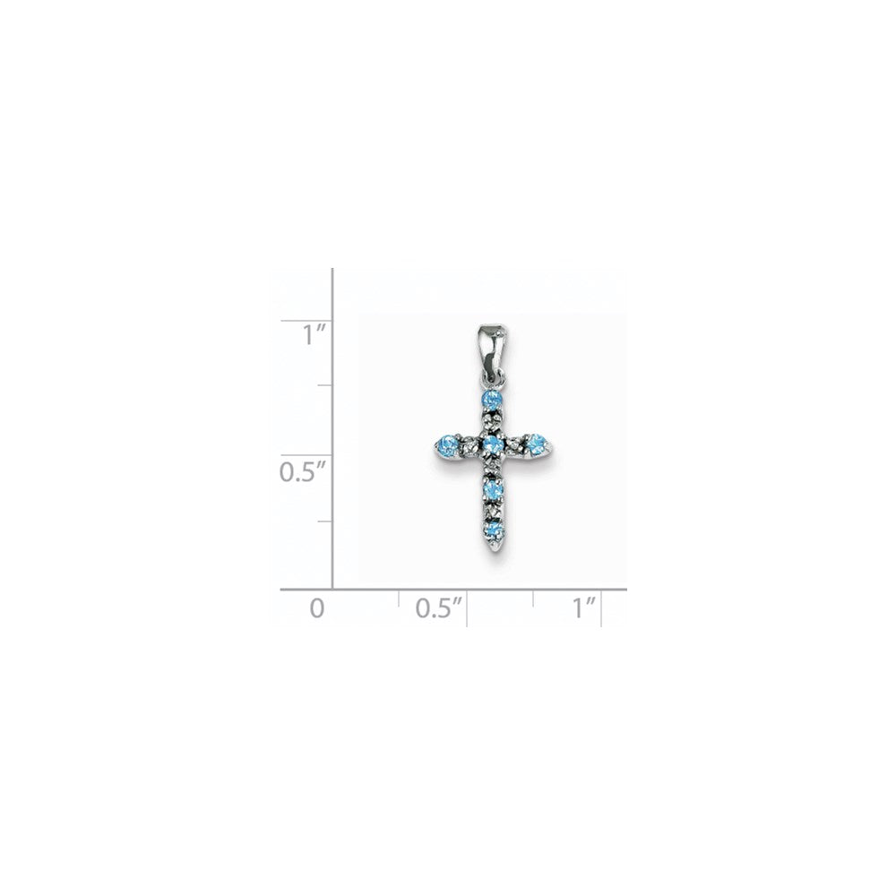 Million Charms 14K White Gold Themed Blue Topaz & Diamond Relgious Cross Pendant