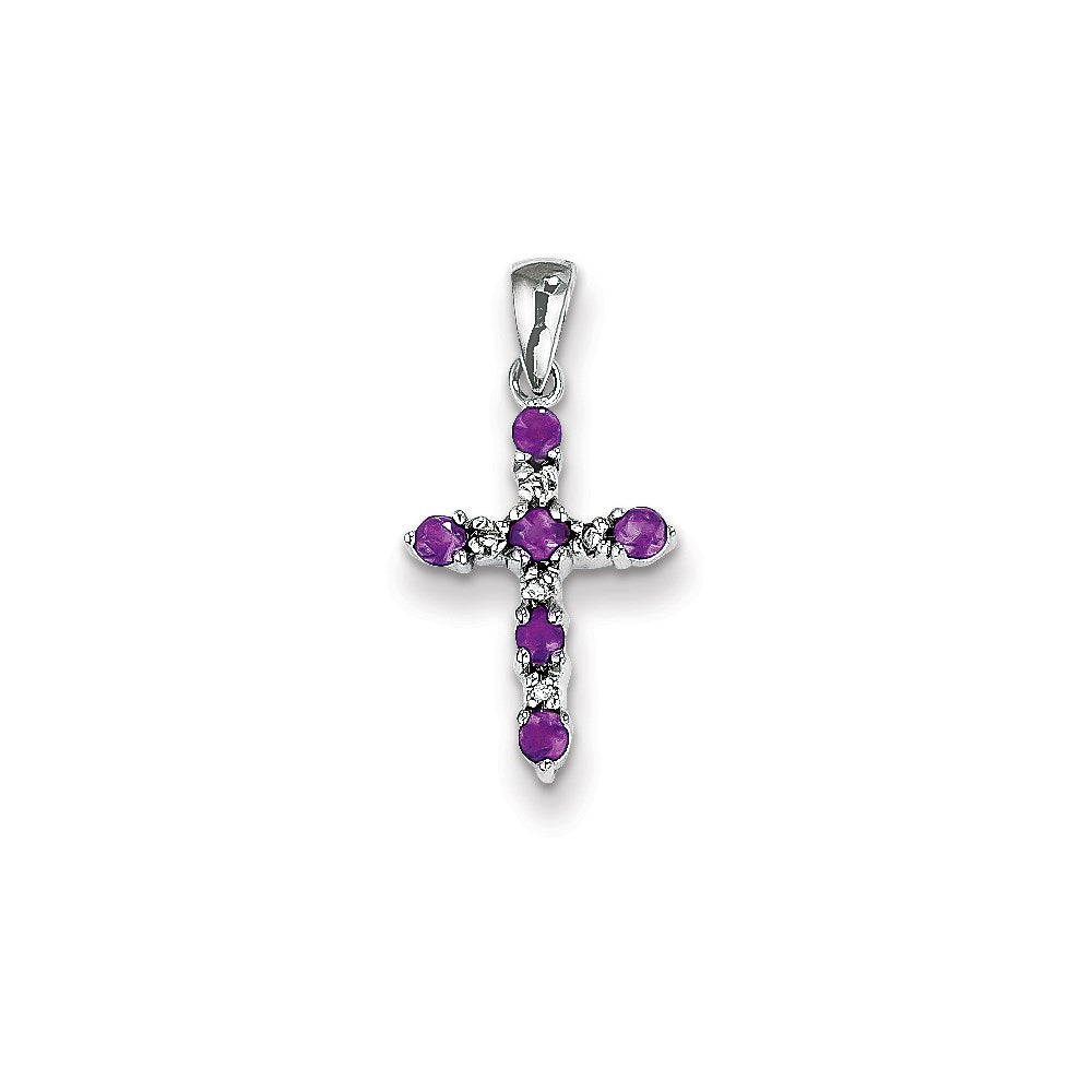 Dije de cruz religiosa con amatista y diamante en oro blanco de 14K de Million Charms