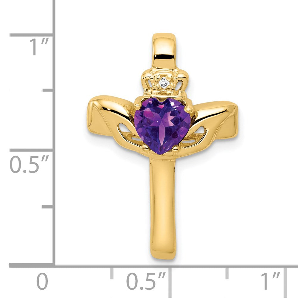 Million Charms 14K Yellow Gold Themed 6Mm Claddagh Amethyst Aa Diamond Relgious Cross Pendant