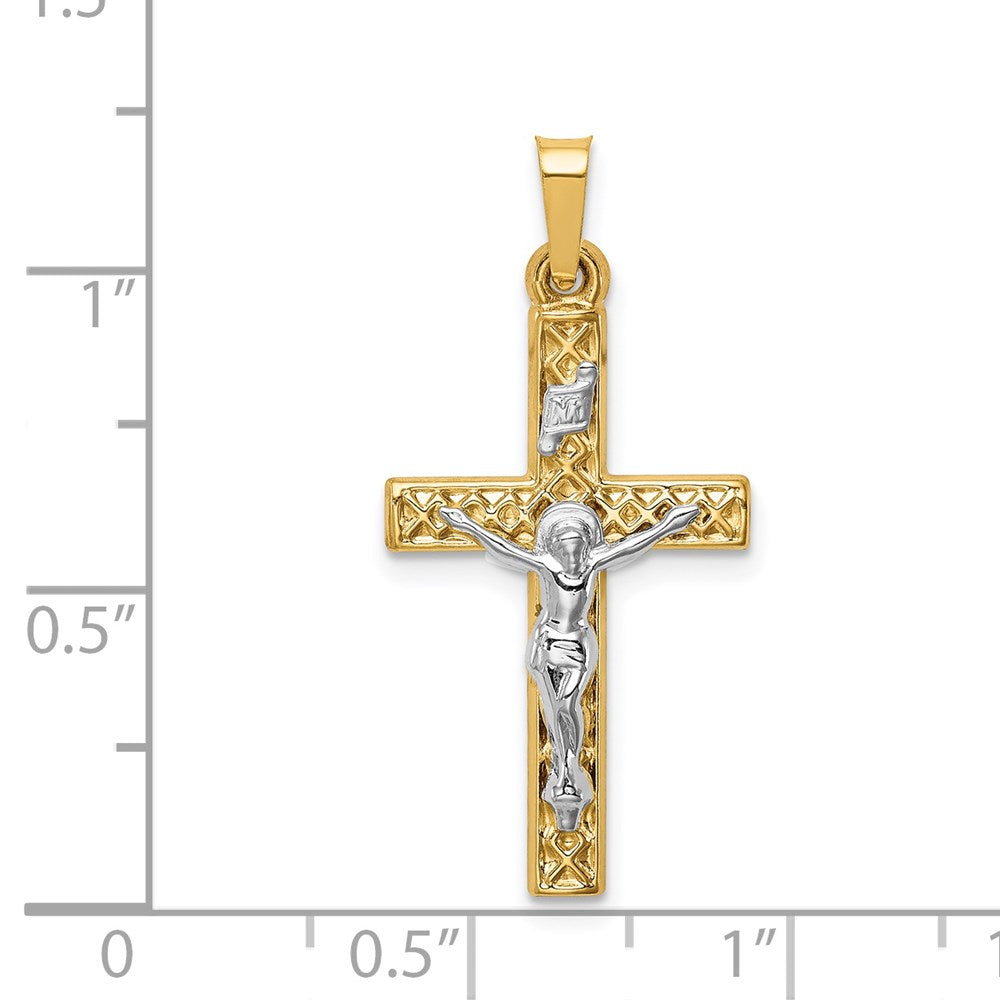 Million Charms 14K Two-Tone Polished Lattice Textured Inri Relgious Crucifix Pendant