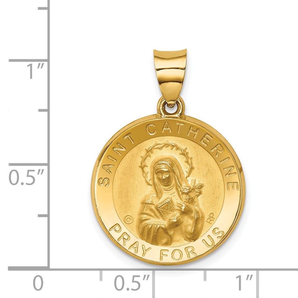 Million Charms 14K Yellow Gold Themed Polished & Satin Religious Saint Catherine Hollow Medal Pendant