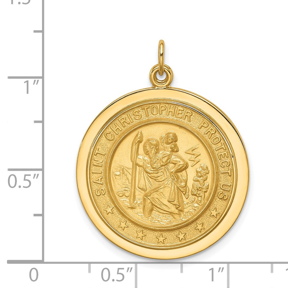Million Charms 14K Yellow Gold Themed Solid Polished/Satin Medium Round Disc Religious Saint Christopher Medal