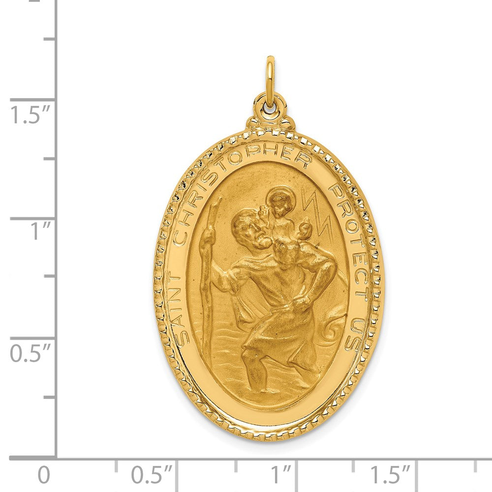 Million Charms 14K Yellow Gold Themed Solid Polished/Satin Extra Large Beaded Edge Religious Saint Christopher Medal