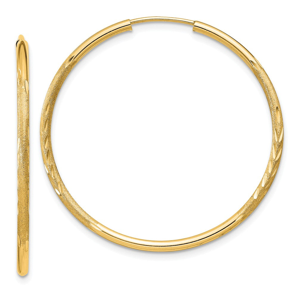 Million Charms 14k Yellow Gold 1.5mm Satin Diamond-cut Endless Hoop Earrings, 30mm x 30mm